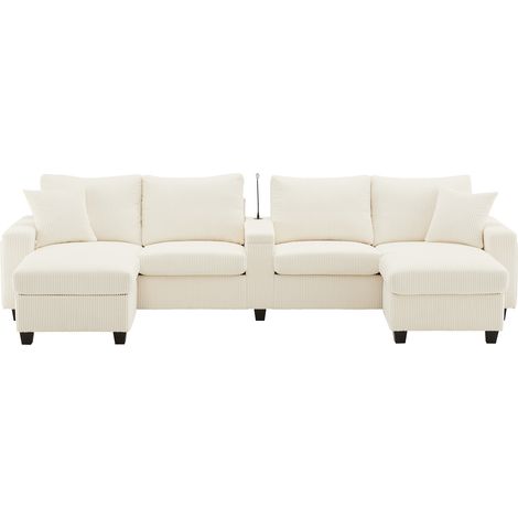 Divano angolare a U in velluto beige con 2 pouf, luce da lettura, USB e Type-C (1/5)