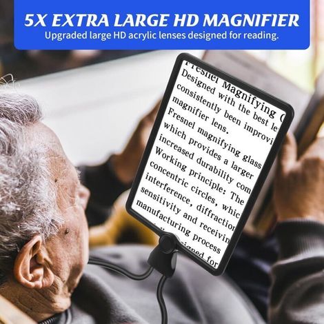 5X Grande Loupe de Lecture avec Lumière, Rechargeable Lampe Loupe Mains Libres avec Col de Cygne Flexible, 24x17cm Lentille Ultra Claire, Parfaite pour la Lecture, Réparations, Couture