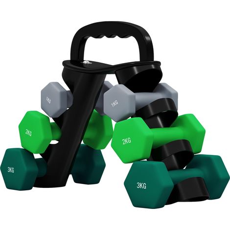 Ensemble d'haltères (2 x 1 kg, 2 x 2 kg, 2 x 3 kg) avec support de rangement pour l'entraînement physique (multicolore) (1/5)