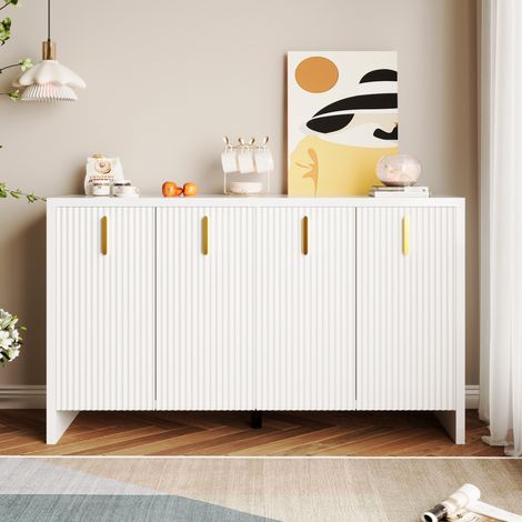 Sideboard Weiß und Gold 140 cm, moderner großer Stauraumschrank mit 4 Türen im künstlerischen Design und verstellbaren Regalböden