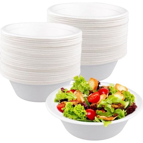 Bols à soupe en canne à sucre de 350 ml, lot de 100, ronds, blancs, durables, pour les fêtes et les pique-niques (1/5)