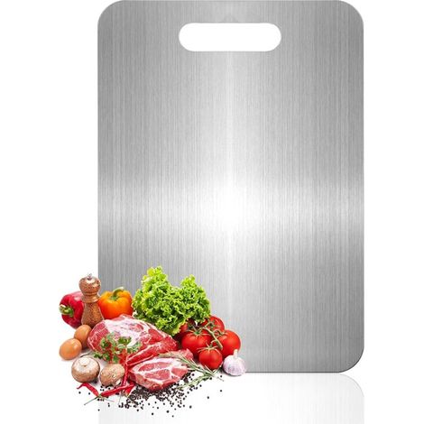 Tabla de cortar de doble cara fabricada en acero inoxidable 304, libre de BPA, apta para cortar carne, pan, verduras y frutas, 39 x 28 cm.