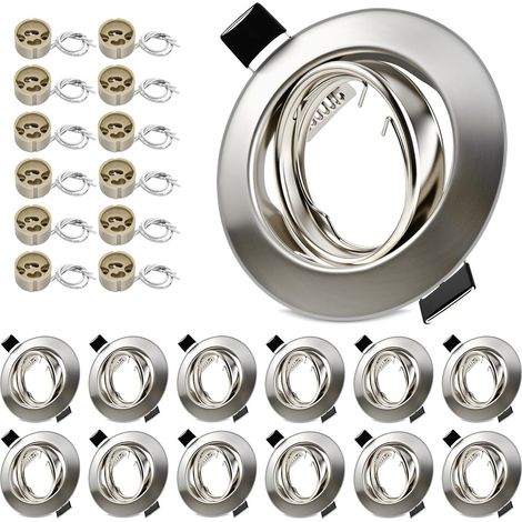 Lot de 12 Projecteurs Encastrables GU10, Cadre Nickel Brossé Douille céramique, orientables à 30°, Ø 68-80mm. Pour ampoules LED/halogènes 50mm. Ampoule non incluse. (1/5)