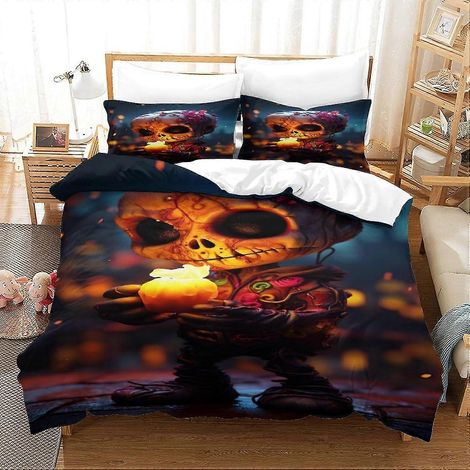 Parure de lit 3 pièces en microfibre imprimée avec motif squelette et taie d'oreiller, style graffiti romantique, cadeau pour adolescentes (1/4)