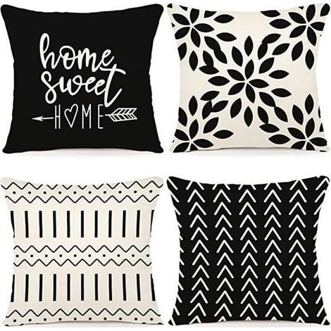 4-teiliges Leinenkissenbezug-Set, 45 x 45 cm, schwarz-weißes geometrisches Muster, für Sofa, Schlafzimmer und Garten (1/5)