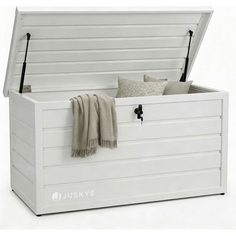 Boîte de rangement en métal Juskys Limani 380 litres - Boîte d'extérieur - étanche, verrouillable - boîte de jardin, boîte à coussins, coffre pour coussins pour jardin Blanc (1/5)
