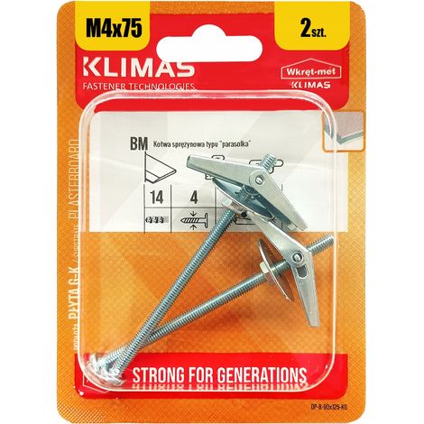 Chevilles A Ressort Parapluie Klimas, Acier M4 x 75, Blister De 2