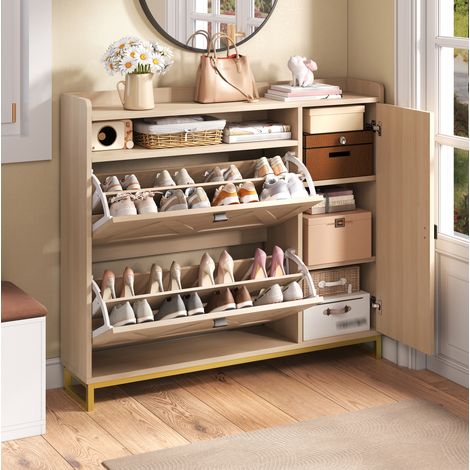 Meuble à chaussures à abattants double, meuble latéral, niche ouverte, naturel, 110 x 24 x 100 cm (1/5)