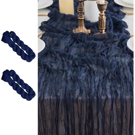 2er Set Tischläufer Marineblau 90x300cm Gaze Stoff Boho Rustikal für Deko