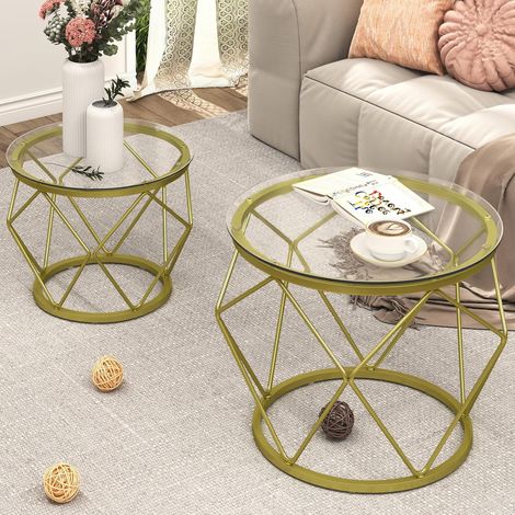 Lot de 2 tables basses rondes en verre trempé et acier doré – Dimensions 50x40 cm et 40x36 cm – Charge max 20 kg par table (1/5)