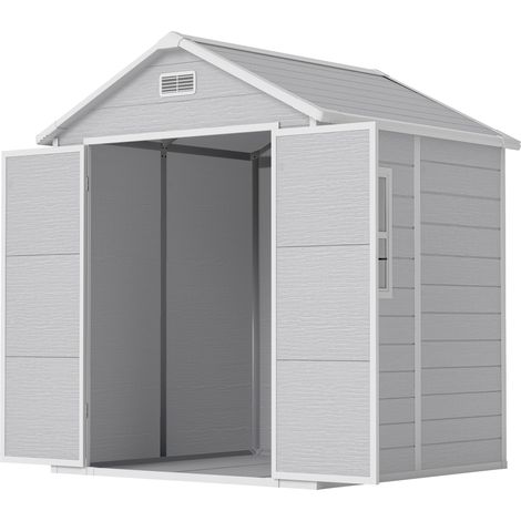 6 x 5ft Garden Shed, Plastic Shed with Floor, Window, Lockable Doors Vents, Wood Effect Resin Tool Shed for Outdoor Patio, Light Grey (1/5)