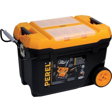 Perel Boîte à outils sur roues, polypropylène, avec plateau porte-outils amovible, fermetures métalliques, rainure en V et 2 compartiments dans le couvercle, poignée télescopique, noir/orange, 595 x (1/5)