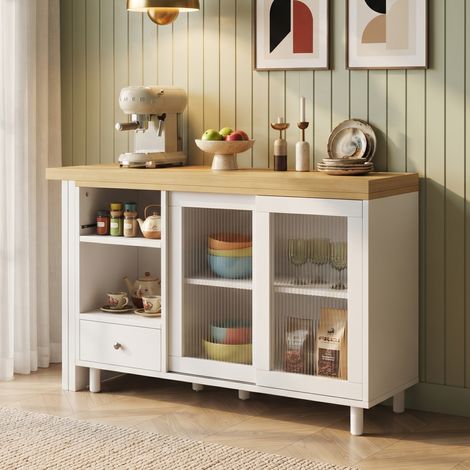 Table extensible avec rangement, table à manger pliante moderne et mobile, meuble avec grand espace de stockage, panneau vitré, pivot 360°, bois naturel et blanc (1/5)