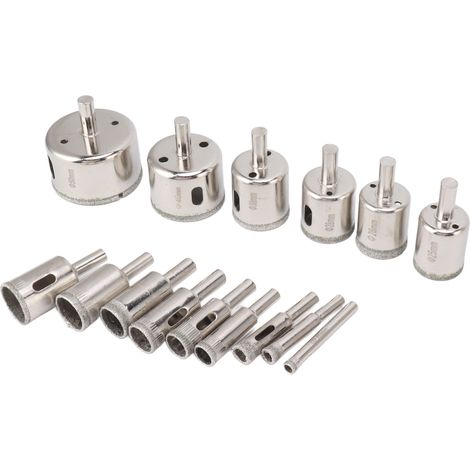 Kit de 15 forets diamantés pour la découpe du verre, du carrelage, de la céramique, du marbre et de la porcelaine (6-8-10-12-14-16-18-20-22-25-26-28-30-40-50 mm). (1/5)