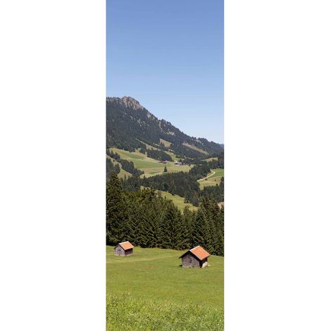 Papier peint panoramique montagne vert & bleu | Tapisserie panoramique nature idéal couloir | Papier peint panoramique vertical salon - 280 x 100 cm (1 pièce) (1/2)
