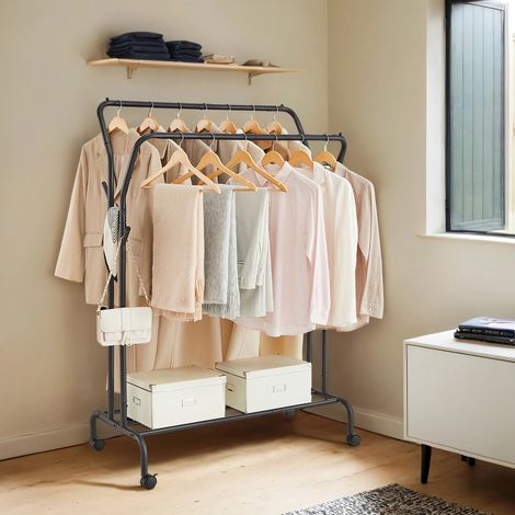 Portant à Vêtements, Double Barre avec Roues, Robuste, Rangement et Présentation de Vêtements, Noir (1/5)