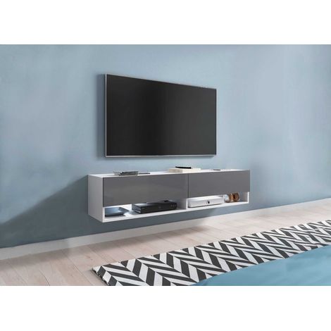 Meuble TV suspendu 2 portes 2 niches blanc et gris ROMANE XXL - (1/5)