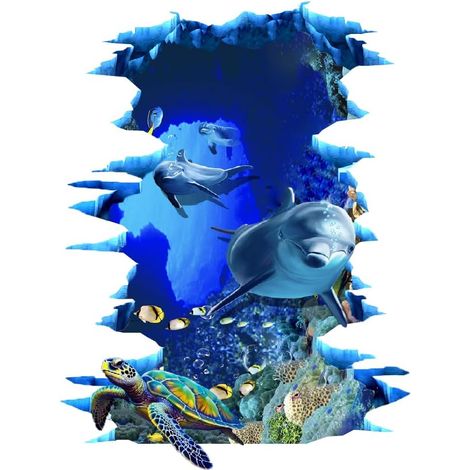 Stickers Muraux Cassés 3D Dauphin Bleu Tortue Océan Monde Sticker Mural Sous la Mer Poissons Tropicaux Bricolage Autocollants en Vinyle Peler et Coller Autocollants Décoratifs (1/5)