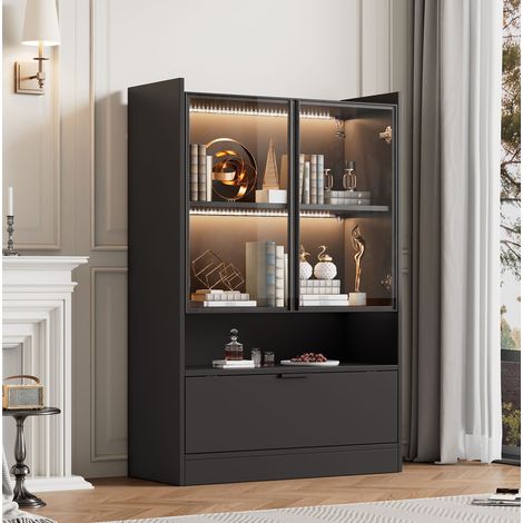 Vitrine LED noire mate 80 x 35 x 120 cm en panneau de particules et verre trempé, avec éclairage multicolore contrôlable par application, portes vitrées et rangement – CHICFURN (1/5)