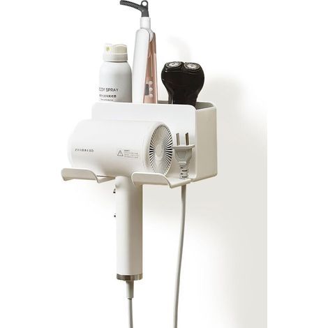 Wall-mounted hair dryer holder without drilling, made of ABS material, including a storage rack and a cable organizer. (1/5)