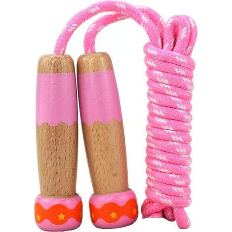 Corde à sauter ajustable en coton avec poignées en bois pour garçons et filles, entraînement/exercice/activité en plein air, jouet amusant (rose) (1/5)