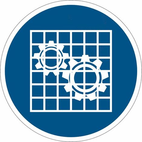 Cartelli di obbligo ISO 7010 "Verificare l'efficienza della protezione" M027 - Misura: 50mm x 50mm - Numero Pezzi: 10 pezzi