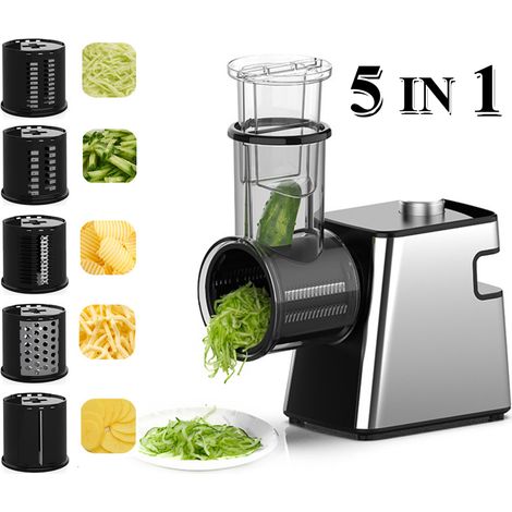 Râpe électrique 5 en 1, Coupe-légumes électrique multifonctionnel 500W, Avec 5 lames, pour tranches lanières râpage épais râpage fin (1/5)