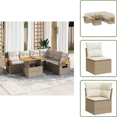 vidaXL Salon de jardin avec coussins 7 pcs beige résine tressée acacia