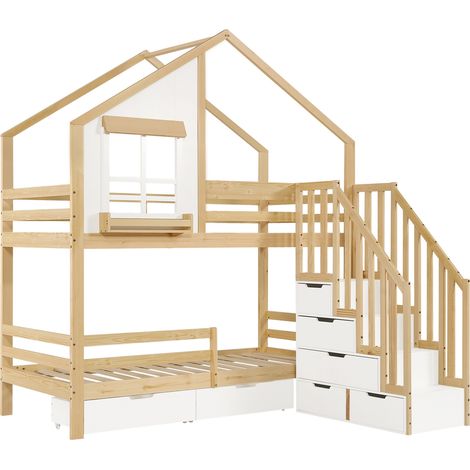Litera infantil 90x200 cm en pino y MDF blanco natural con almacenaje (1/5)