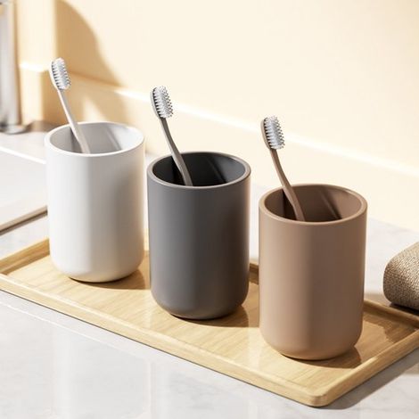 Vasos de baño，vasos para cepillos de dientes，soporte para cepillos de dientes，300 ml，vaso portátil para gárgaras，Juego de 3，blanco/gris/marrón (1/4)