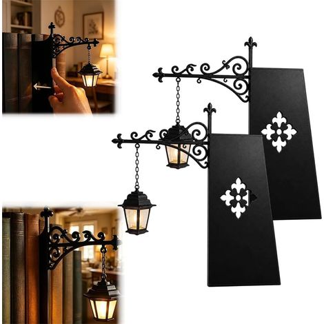 Lanterne Déco Bibliothèque - Lot de 2 - Style Vintage Noir - Éclairage LED Doux - Pour Étagères et Coins Lecture - 18x12x6 cm (1/5)