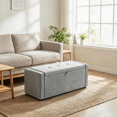 Banc de rangement gris avec assise large en lin et rangement (1/5)