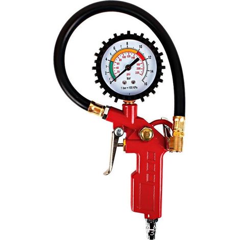 Red tyre pressure gauge, tyre pressure tester, air hole diameter is 11 mm, can be used for cars, trucks, bicycles, etc (1/5)