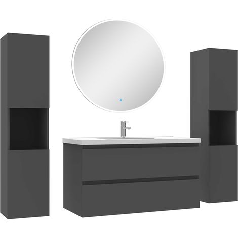 Ensemble meubles Salle de Bain avec colonne et miroir rond mural 100cm meuble Anthracite (1/5)