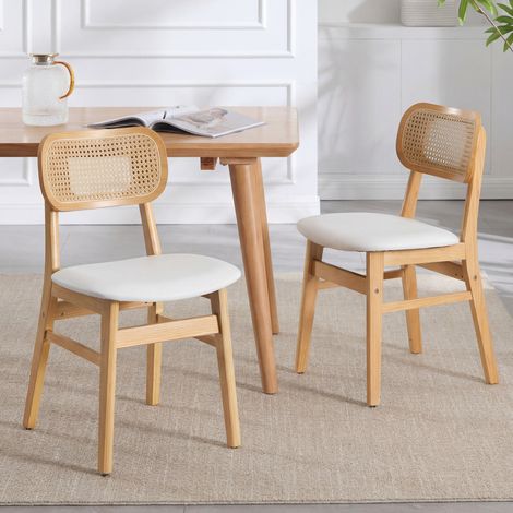 Wahson Esszimmerstühle 2er Set PU Leder Küchenstühle, Rattan Polsterstuhl mit Rückenlehne für Esszimmer/Wohnzimmer/Küche, Weiß