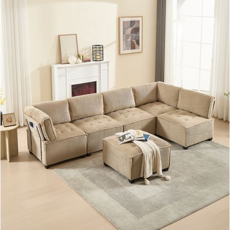 canapé 6 places modulable convertible cord khaki 308 cm OKMYHOME (1/5)