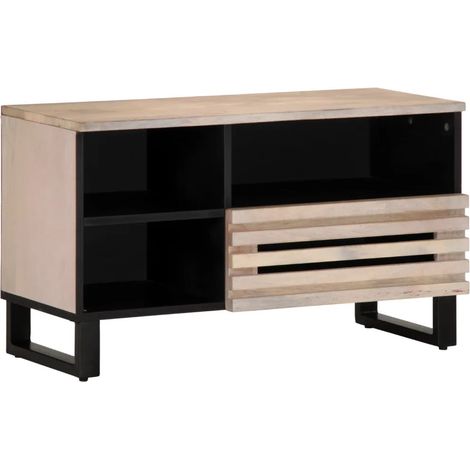 Meuble TV industriel 80 x 34 x 46 cm grand rangement robuste style contemporain en bois massif blanc (1/5)