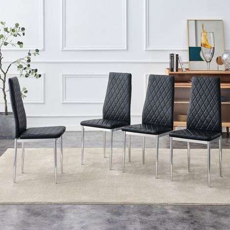 Lot de 4 chaises de salle à manger avec pieds en métal, similicuir PU à motif losange, noir