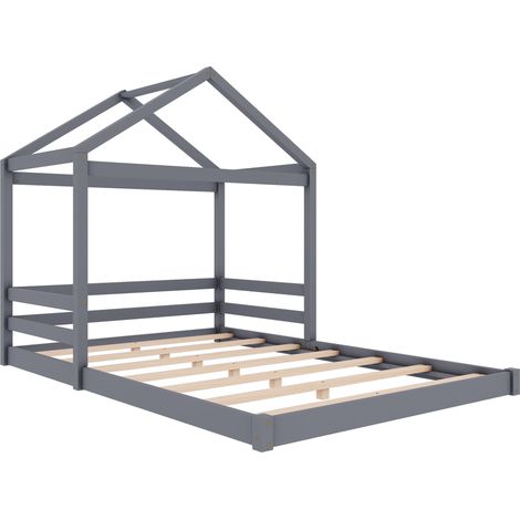 Lit cabane enfant 140 x 200 cm avec sommier à lattes, pin et MDF, gris, HOMVRA (1/5)
