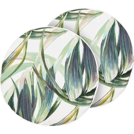 Conjunto de 2 cojines de jardín almohada de exterior ⌀ 40 cm poliéster motivo hojas blanco y verde Calderina
