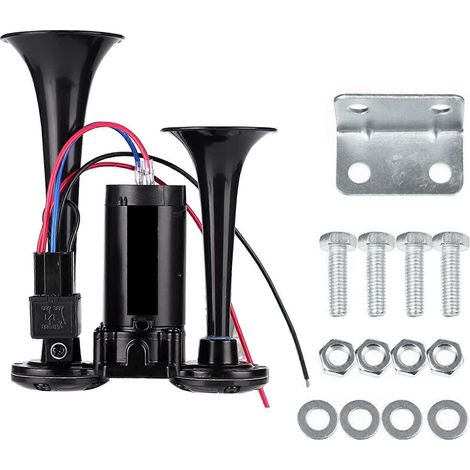 Kit de klaxon pneumatique pour voiture compatible avec les véhicules 12V, klaxon pneumatique 12V pour voiture, klaxon électrique à double tube en composite métallique 600dB, noir. (1/5)