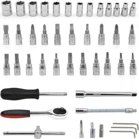 46-teiliges Set inklusive Ratschenschlüssel, Stahlschraubendreher, Bit und Steckschlüssel für Reparaturen. (1/5)