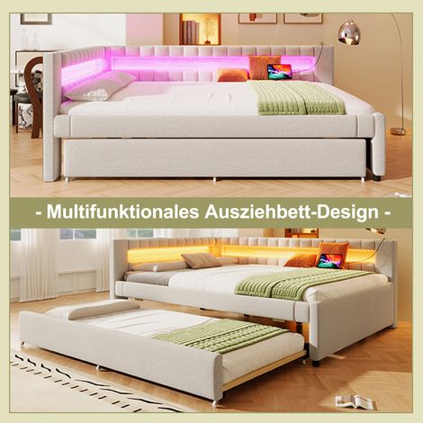 Canapé-lit 140x200 cm avec éclairage LED télécommandé, lit gigogne, USB et USB-C, revêtement en lin beige, matelas non inclus, meuble 2-en-1 design moderne (1/5)