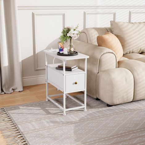 Beistelltisch 60 cm, Beistelltisch mit einer Schublade, Mehrfachsteckdose, goldener Griff, elegantes Design, Weiß