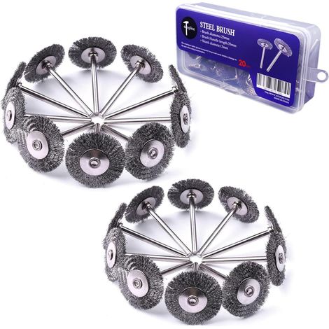 Metal Brush Set, 20 Pieces 1 Inch/25 mm Mini Metal Wheel with 3 mm Round Shank, Alloy Steel Metal Brush for Cleaning Rust, Paint, Stripping and Abrasion, for Drilling Attachment (1/5)