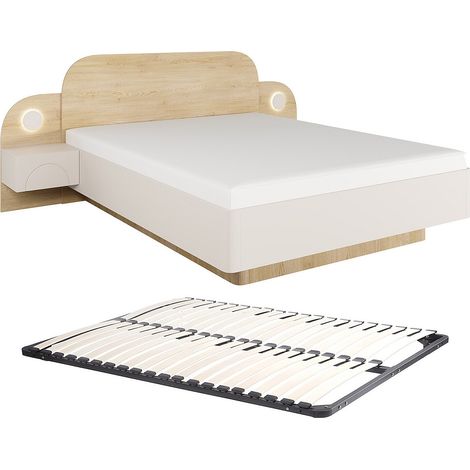 Lit 160 x 200 cm - Avec chevets et LEDs - Coloris : Beige et Naturel + Sommier- DARTAGNO