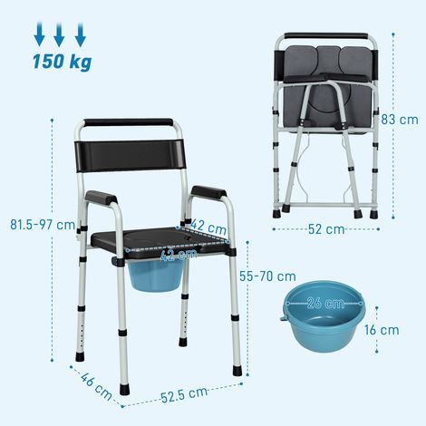 Abattant de toilettes pliable et réglable en hauteur (avec accoudoirs et dossier), en acier et similicuir, 52,5 x 46 x 81,5-97 cm, noir (1/5)