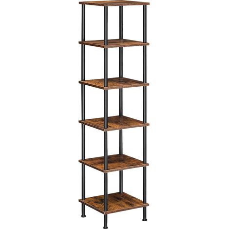 Bibliothèque Rétro à 6 Couches, Étagère de Rangement d'angle, Présentoir d'angle, Jardinière, Assemblage Facile, Pieds Réglables, pour Salon, Chambre, Cuisine, Marron Rustique, Noir (1/5)