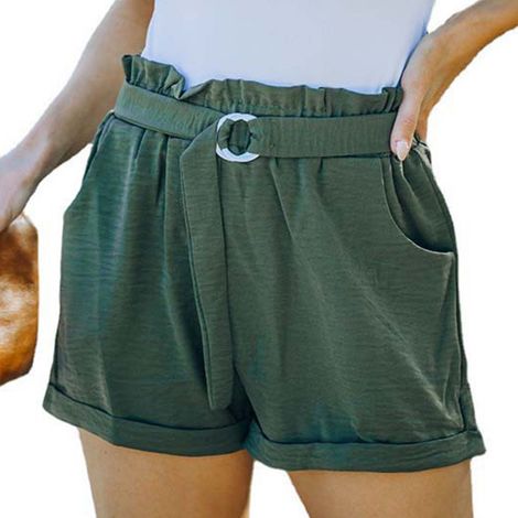 Short Femme Taille Haute - Ceinture Élastique Avec Poches - Coupe Droite Vert Olive - Taille M (1/5)