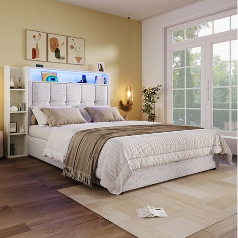 Bett Schlafbett Stauraum 90x200 Leinen Beige HAVRYA (1/5)